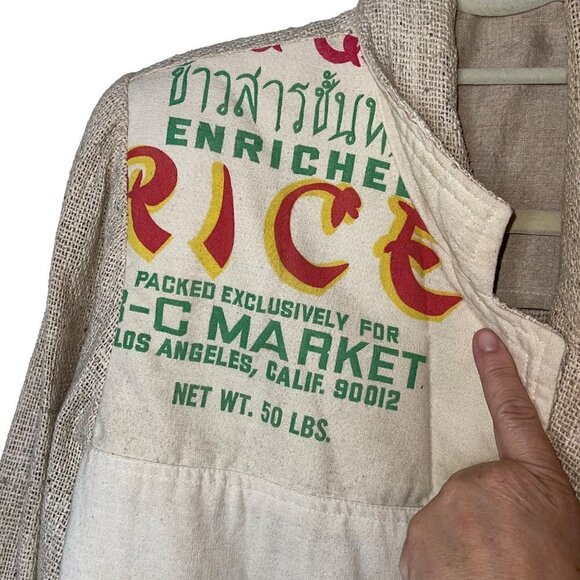 Mens Blazer Size Medium Tan Upcycled Burlap Rice Bag Pockets Open Front - Picture 9 of 10
